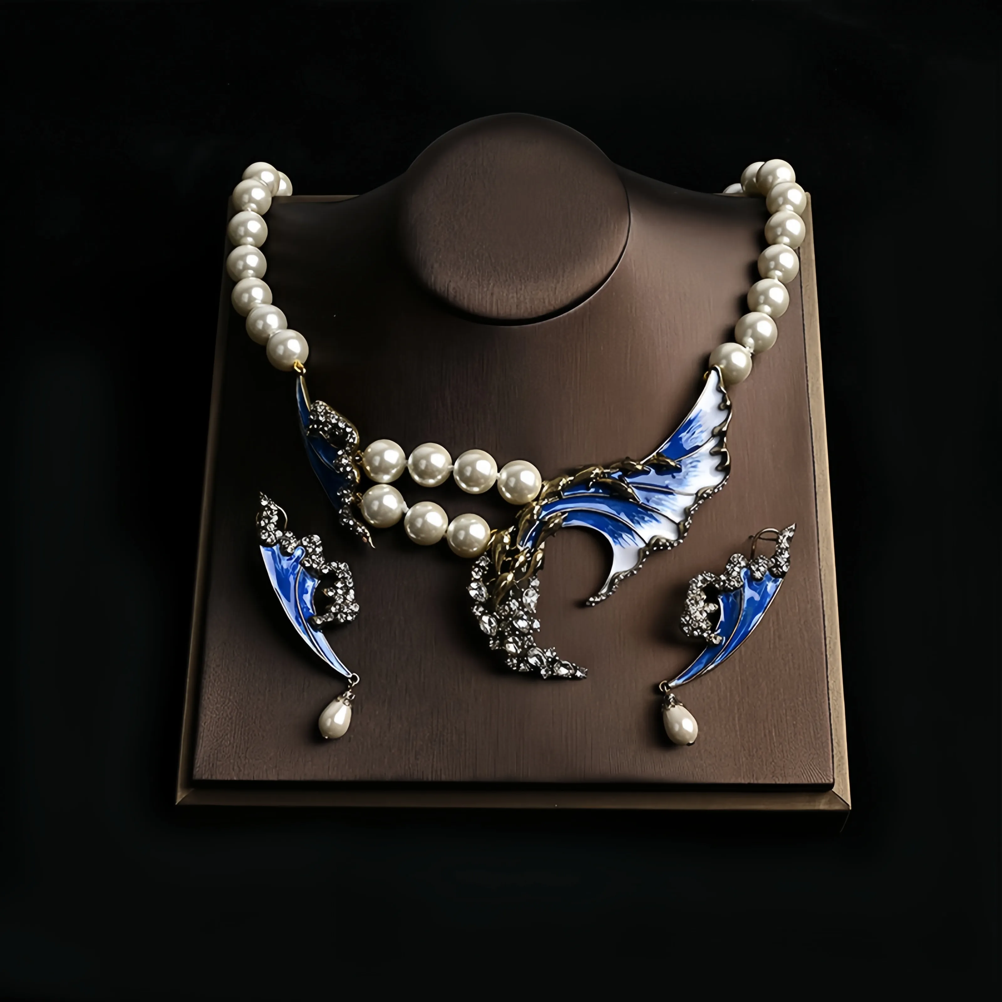Vintage-Schmuck blaue Wellen Perle-Legierung-Halsband Ohrringe Dekorations-Set