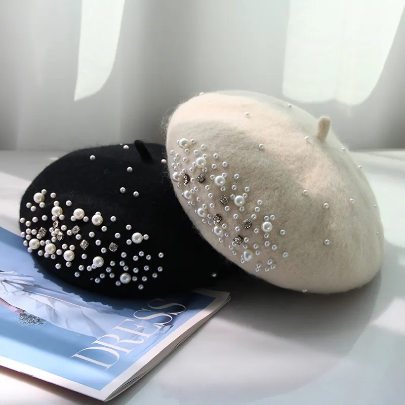 Boina térmica hecha a mano con perlas de Cachemira negra para mujer, sombrero de pintor de lana para invierno y otoño