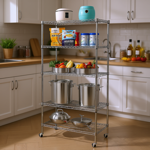 Étagère en fil d'acier à 5 niveaux avec roulettes chromées, rangement de cuisine, design industriel autoportant, marquage YJ - Product Image 2