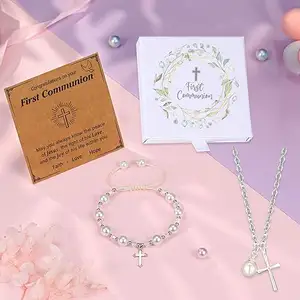 Kreuz Perlenarmband Kreis-Halsband Mädchen/Jungen/Teenager Baptisten-Geschenk, Damen-Schmuck-Set, Damen-Weihnachts-Geburtstagsgeschenk