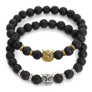 Pulsera de piedra volcánica de lava negra de 8mm para hombre, cuentas de búho de aleación, pulsera elástica para regalo - Product Image 3