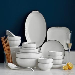 Juego de Platos Hondos de Cerámica Blancos Libres de BPA con Borde Negro para Hotel, Restaurante, Comedor, Plato para Sopa, Vajilla, Apto para Lavavajillas - Product Image 1