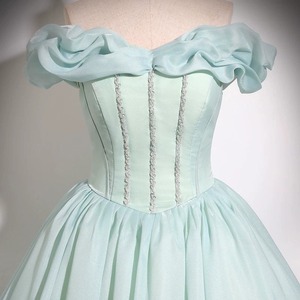 Off The Shoulder Chiffon Ball Gown Blue Green Empire Waist Ruffles Princess Style Evening Dress For Women - Product Image 4