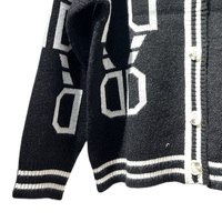 Suéter Cárdigan de Mujer con Cuello en V, Diseño Geométrico de Cadena Jacquard, Ribete de Rayas Blancas y Negras, Botones Frontales, Manga Larga Holgada, Abrigo de Punto para Otoño