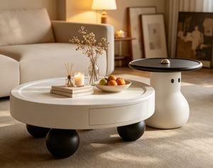 Modern <b>Round</b> Coffee <b>Table</b> With Storage Drawer <b>White</b> Plastic Minimalist Living Room Furniture - Product Image 2