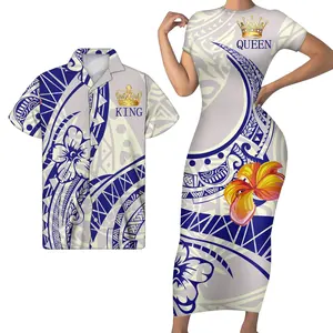 New Design Polynesian Tattoo Print couple outfit sets For valentine's day Plus Size Women prom dresses Match Men Shirt