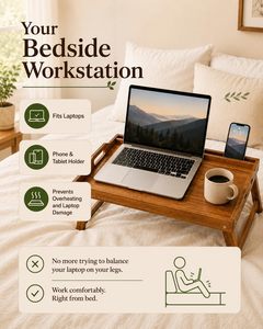 Bandeja de Cama Grande de Madera de Acacia con Soportes para Teléfono y Tablet y Patas Plegables para Comer en el Sofá - Product Image 5
