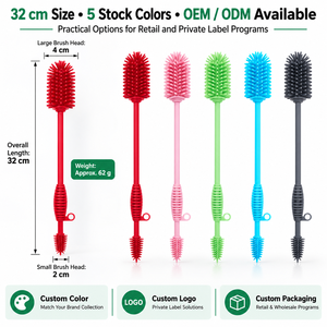 Brosse à biberon en silicone 2 en 1, double extrémité, nettoyeur de tétine, brosse de nettoyage de bouteille d'eau à long manche, noyau en acier inoxydable - Product Image 6