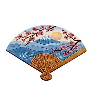 Éventail pliant artisanal en bois naturel, design moderne peint avec des fleurs de cerisier et le mont Fuji, décoration d'intérieur, artisanat, cadeau - Product Image 1
