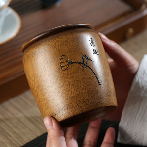 <b>Bamboo</b> Tea Canister Lacquered With Carved Design Wooden Lid Airtight <b>Container</b> For Tea Storage Travel Use Craft Gift - Product Image 4
