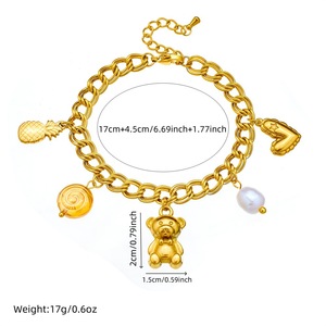 Fashionable Double Chain Gold Plated Stainless Steel Bracelet With Bear Pineapple Pearl Charms Women's Jewelry Gift - Product Image 4