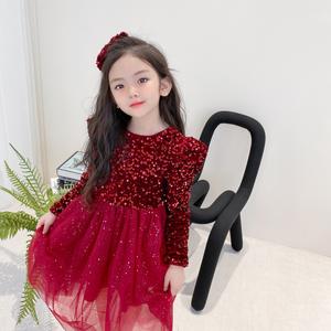 Robe de princesse en velours luxueux à paillettes pour filles, robe de fête à manches longues pour enfants avec coiffe - Product Image 2