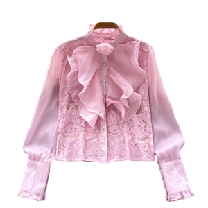 Camicette Vintage Autunnali a Maniche Lunghe con <span class=keywords><strong>Colletto</strong></span> Casual Stampate in Pizzo per Donne Camicie Floreali con <span class=keywords><strong>Volant</strong></span> Eleganti Top Abbigliamento all'Ingrosso - Product Image 4