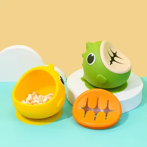 Mangkuk dinosaurus bentuk anak-anak lucu bahan silikon, mangkuk makanan ringan buah berwarna dengan tutup yang dapat dilepas