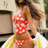 Ensemble bikini tankini à cordon de serrage imprimé marguerites orange pour femme, maillot de bain deux pièces à découpe au niveau du ventre, tenue de plage estivale pour la vente en gros