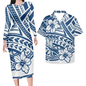 Fashion Couple Set Clothing Print Casual Polynesian Print Women Plus Size Long Sleeve Maxi Dress Match Men's Shirts Short Sleeve