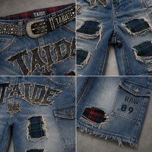 กางเกงยีนส์ขาสั้นทรงแบ็กกี้ ยี่ห้อ TaiDe RCS Certified แต่งแพทช์เชนิลล์ลายตัวอักษร  ด้านหลังลายสก็อต  ขาดเซอร์ๆ  สำหรับผู้ชาย รับผลิตแบรนด์ส่วนตัว - Product Image 2