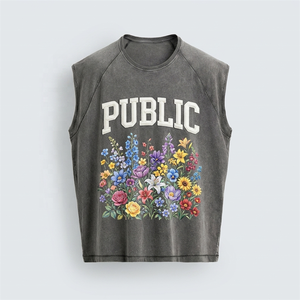 OEM Vintage Stone <b>Washed</b> 230GSM Heavyweight Sleeveless T-Shirt Custom 3D Puff Print Loose Drop Armhole Blank Muscle Tee - Product Image 1