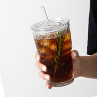 Gobelet en verre à rayures horizontales de haute qualité, avec couvercle et paille, pour café glacé, Americano, latte et autres boissons, usage domestique