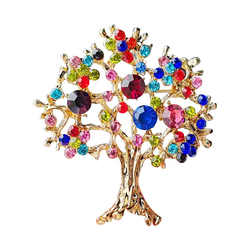 Classic Bling Rhinestone Lapel Pins Clothes Accessories Shiny Diamond Hat Pin Gold Plated Life Tree Shawl Buckles Crystal Brooch