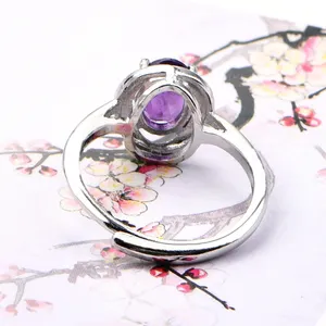 Natural Amethyst Oval Copper Adjustable Ring Exquisite Checkerboard Multi Faceted Amethyst Stone Ring