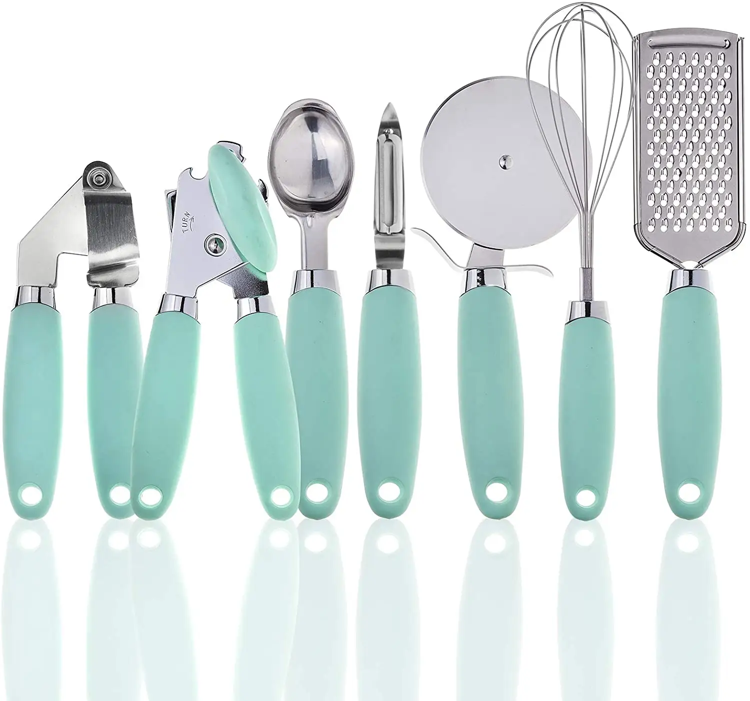 7 pezzi per utensili da cucina con manici Soft Touch verde menta e Set di Gadget da cucina con testa in acciaio inossidabile