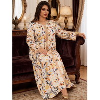 Gaun Abaya Panjang Islami Dubai Fashion Motif Bunga Cetak Floral Desain Gambar Tangan Muslim