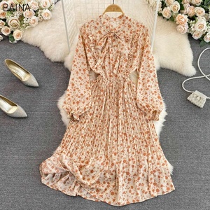 Nuevo dulce vestido plisado Floral con cordones lazo de cintura alta de manga larga vestidos de mujer contraste madera oreja <span class=keywords><strong>dobladillo</strong></span> <span class=keywords><strong>ropa</strong></span> de mujer - Product Image 4