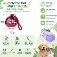 Bouteille d'eau sphérique portable 2-en-1 pour animaux de compagnie, en silicone pliable, anti-fuite, avec clip et sangle de poignet