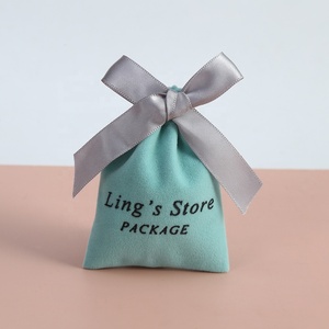 Aqua Blue 7x9 cm Drawstring Velvet Flannel Jewelry Pouch Bag Gift Dust Bag with <b>Ribbon</b> for Storage or Presentation - Product Image 4