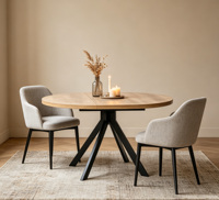 Table à manger à dessus extensible en bois MDF rond au design moderne simple avec pieds noirs en métal Table extensible Mobilier d'intérieur