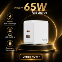 Chargeur mural USB C 65W, station de charge rapide GaN III à 2 ports, adaptateur mural PD 5V/2.4A 65W pour ordinateur portable, iPad, iPhone