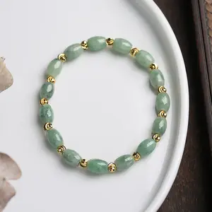 6*8mm Naturel Jade Perlé Bracelet Cadeaux pour Petite Amie Laiton Plaqué Or 18k Entretoise Perles Stretch Jade Bracelet pour Femmes