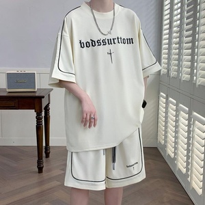 Của nam giới mùa hè giản dị hai mảnh T-Shirt thiết lỏng lẻo và thoải mái dệt kim dệt với thiết kế in mới - Product Image 5