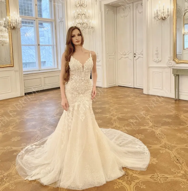 Sexy Spaghetti Strap Mermaid Wedding Dresses Beaded Bridal Gown Tulle Vestido De Novia