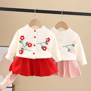 Wholesale Fashion New arrival toddler girls boutique sweet winter knit sweater Cardigan and skirt clothing set for kids