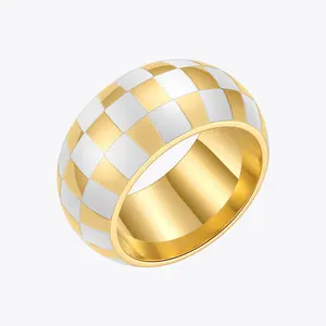 18K Gold Plated Stainless Steel Jewelry Checkered Gold White Epoxy Enamel Chunky Rings R214147