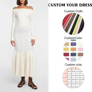2024 Fashion Custom Casual Pure White Hollow Autumn Knit Dress Casual Elegant Vest Style Extra Long Fishtail Dresses