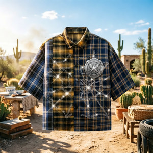 Chemise à carreaux à manches courtes pour homme, motif étoile en strass, style streetwear vintage, boutonnée - Product Image 1