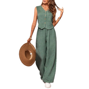 Women's Green <b>Linen</b> Jumpsuit Sleeveless V-Neck Button Front Wide Leg Casual Summer <b>Set</b> For Europe America Southeast Asia - Product Image 5
