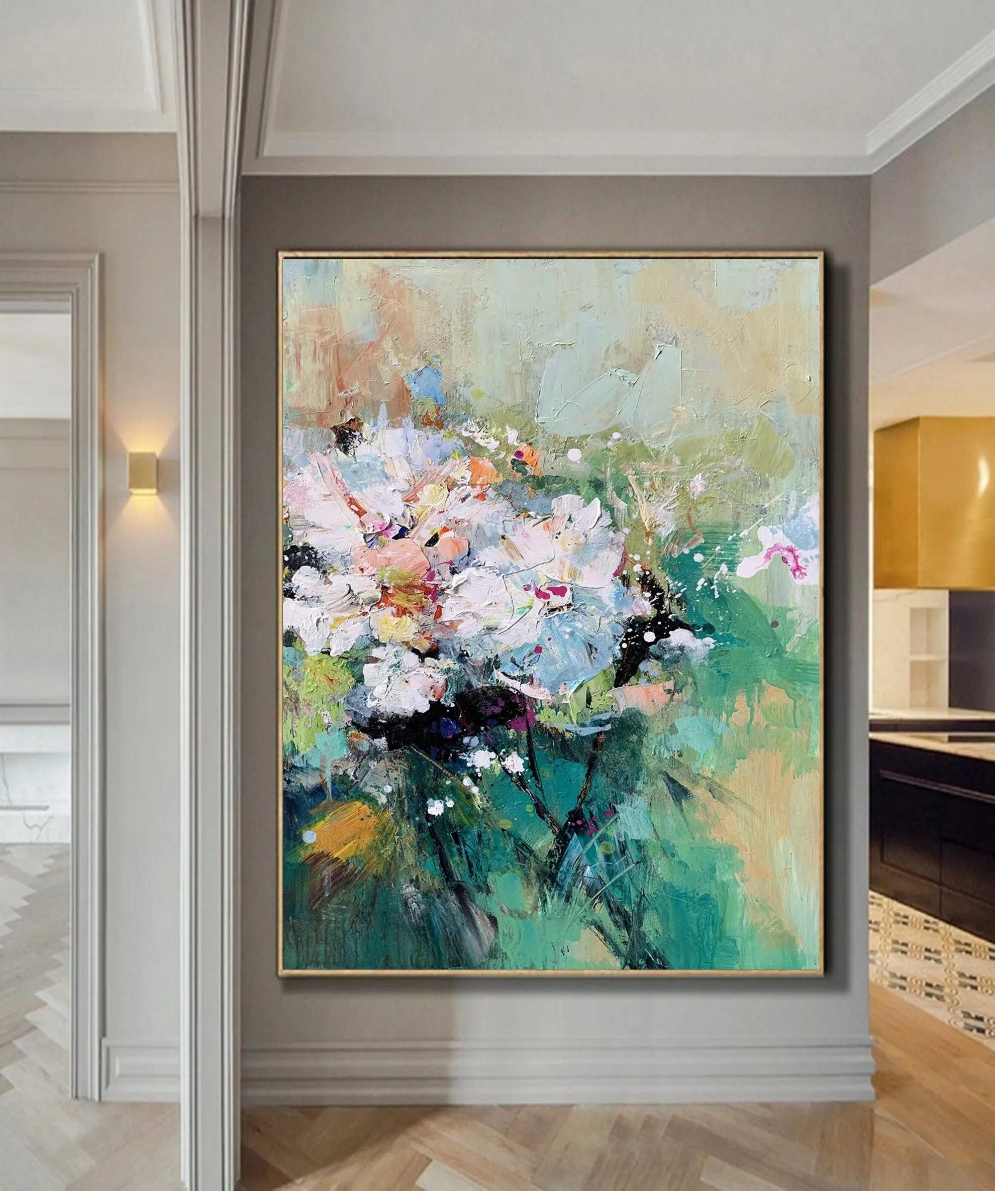Pintura al óleo de flor verde Original sobre lienzo, pintura acrílica moderna Floral abstracta, decoración para las paredes del salón