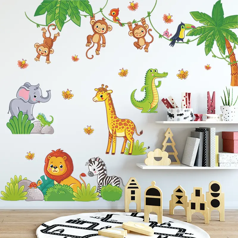 Hot Uv Transfer Print Cartoon Vakantie Giraffe Tijger Dier Decor Muurstickers Voor Kinderkamer