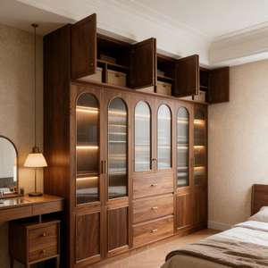 Armoire autoportante en bois sur mesure, style moderne, portes en verre à nervures en arc, résistante à l'humidité, armoire de chambre durable - Product Image 2