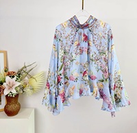 100% soie Blouse chemises 2026 printemps femmes nœud col coloré fleur imprime Flare manches élégant ample bleu hauts Blusas Feminino