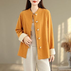 Chinese Style Color Blocked Button Down Long Sleeve Shirt <b>Women</b> Cotton <b>Linen</b> Top Spring Autumn <b>Cardigan</b> Jacket Orange Brown - Product Image 1