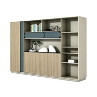 Meuble de rangement modulaire pour bureau, finition bois grainé bleu brume, avec tiroir rabattable incurvé et étagère de présentation