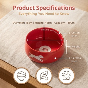 Tazón de Cerámica Rojo para Mascotas Serie Hello, 1100 ml, Plato Profundo Antiderrames para Agua y Comida para Perros y Gatos - Product Image 3