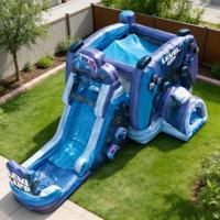 Structure gonflable combinée toboggan et château de saut sur le thème des jeux vidéo pour enfants, contrôleur de jeu, bleu/violet, PVC, capacité 6-10 personnes, usage commercial