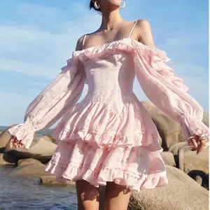 Designer Dresses Runway Solid Pink Boho Spaghetti Strap Long Sleeve Women Beach Dress Female Sexy Spring Fall Min dressi