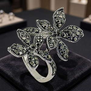 Couple Flower Style Gun Metal Gemstone Bezel Setting 925 Silver High Quality Adjustable <b>Ring</b> <b>for</b> Women <b>Men</b> Party Wedding - Product Image 3